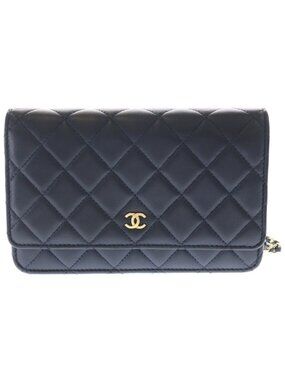 Chanel Quilted Chain Wallet Shoulder Bag Navy Lambskin Gold